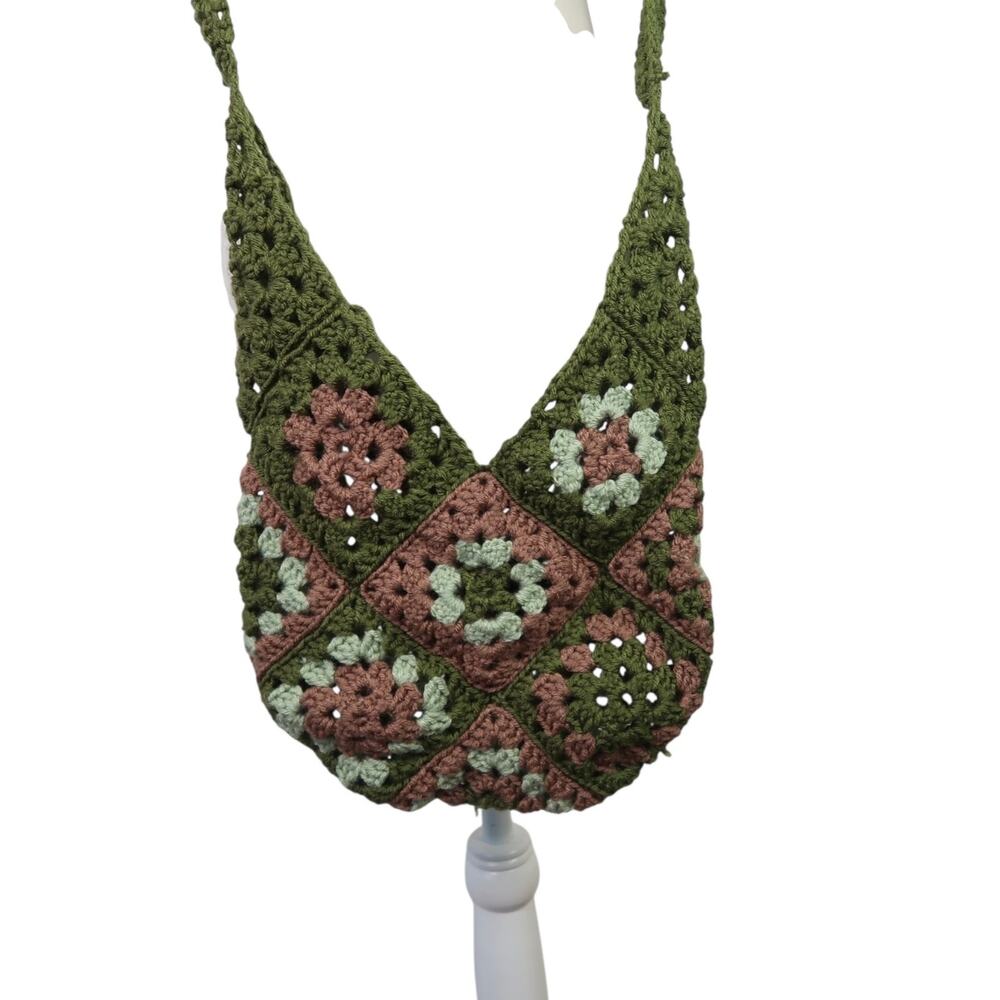 Vintage Handmade Olive Green Granny Square Crochet Knit Crossbody Bag Purse - Picture 5 of 5